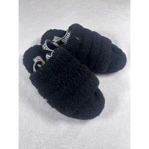 UGG Slippers Womens Size 7 Black Fluff Yeah Shearling Slide Elastic Logo Strap